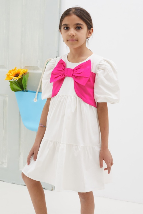 Ekru Fiyonklu Kısa Kollu Kız Çocuk Elbise 18626