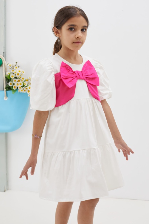 Ekru Fiyonklu Kısa Kollu Kız Çocuk Elbise 18626