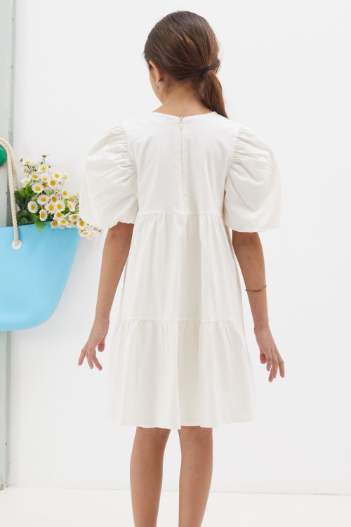 Ekru Fiyonklu Kısa Kollu Kız Çocuk Elbise 18626