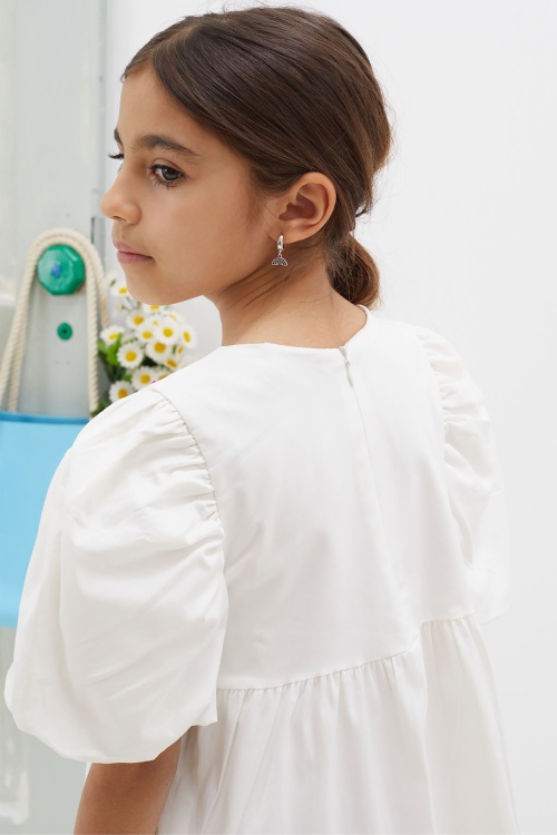 Ekru Fiyonklu Kısa Kollu Kız Çocuk Elbise 18626