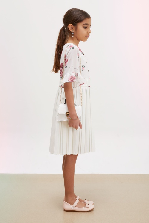 Ekru Gül Desenli Kısa Kollu Çantalı Kız Çocuk Pileli Elbise 18194