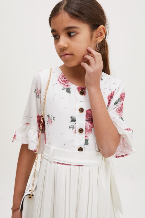 Ekru Gül Desenli Kısa Kollu Çantalı Kız Çocuk Pileli Elbise 18194