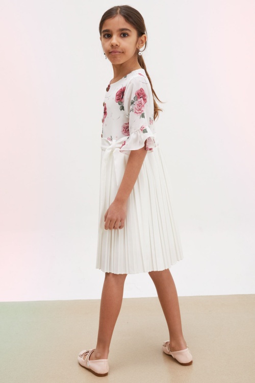 Ekru Gül Desenli Kısa Kollu Çantalı Kız Çocuk Pileli Elbise 18194