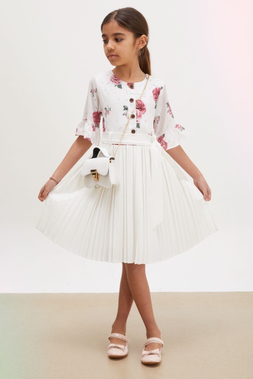 Ekru Gül Desenli Kısa Kollu Çantalı Kız Çocuk Pileli Elbise 18194