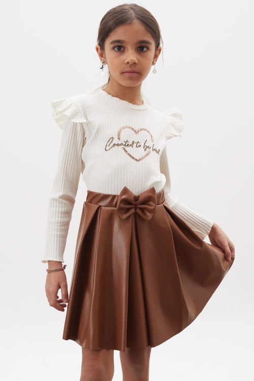 Ekru Kalp Baskılı Payetli Badili Kız Çocuk Deri Etekli Takım 18027