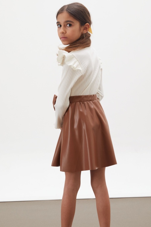 Ekru Kalp Baskılı Payetli Badili Kız Çocuk Deri Etekli Takım 18027