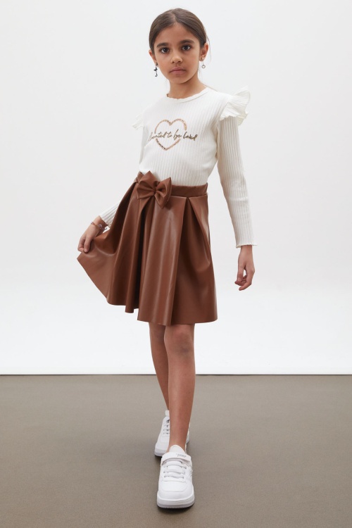 Ekru Kalp Baskılı Payetli Badili Kız Çocuk Deri Etekli Takım 18027