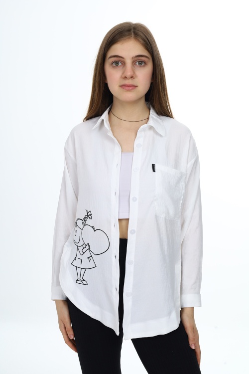 Ekru Kalp Baskılı Yırtmaç Detaylı Kız Çocuk Düğmeli Gömlek 18432