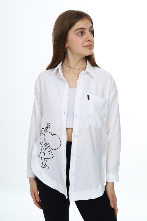 Ekru Kalp Baskılı Yırtmaç Detaylı Kız Çocuk Düğmeli Gömlek 18432