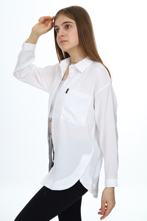 Ekru Kalp Baskılı Yırtmaç Detaylı Kız Çocuk Düğmeli Gömlek 18432