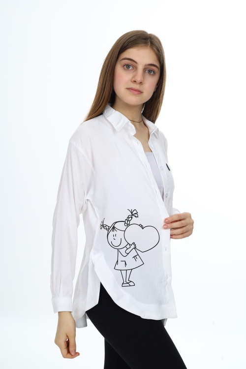 Ekru Kalp Baskılı Yırtmaç Detaylı Kız Çocuk Düğmeli Gömlek 18432