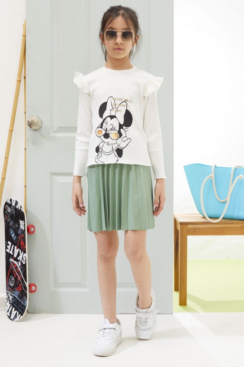 Ekru Karakter Baskılı Badili Deri Etekli Kız Çocuk Takım 18607