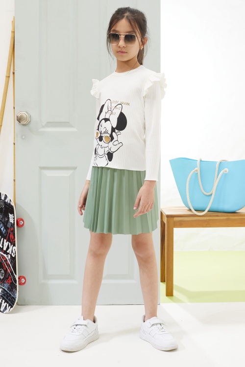 Ekru Karakter Baskılı Badili Deri Etekli Kız Çocuk Takım 18607