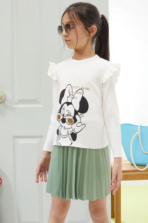 Ekru Karakter Baskılı Badili Deri Etekli Kız Çocuk Takım 18607