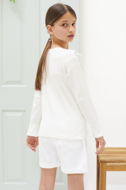 Ekru Omzu Fırfırlı Fitilli Kız Çocuk Uzun Kollu Badi 18551