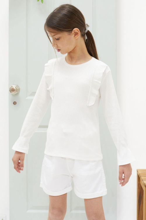 Ekru Omzu Fırfırlı Fitilli Kız Çocuk Uzun Kollu Badi 18551