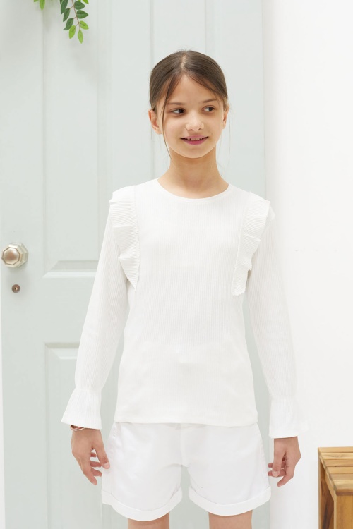 Ekru Omzu Fırfırlı Fitilli Kız Çocuk Uzun Kollu Badi 18551