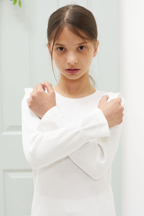 Ekru Omzu Fırfırlı Fitilli Kız Çocuk Uzun Kollu Badi 18551