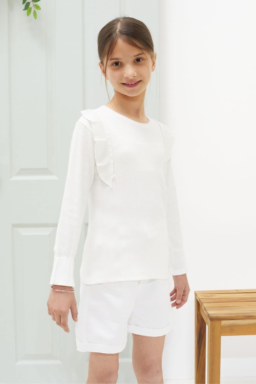 Ekru Omzu Fırfırlı Fitilli Kız Çocuk Uzun Kollu Badi 18551