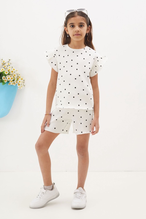 Ekru Puantiyeli Şortlu Bluzlu Kız Çocuk Takım 18674