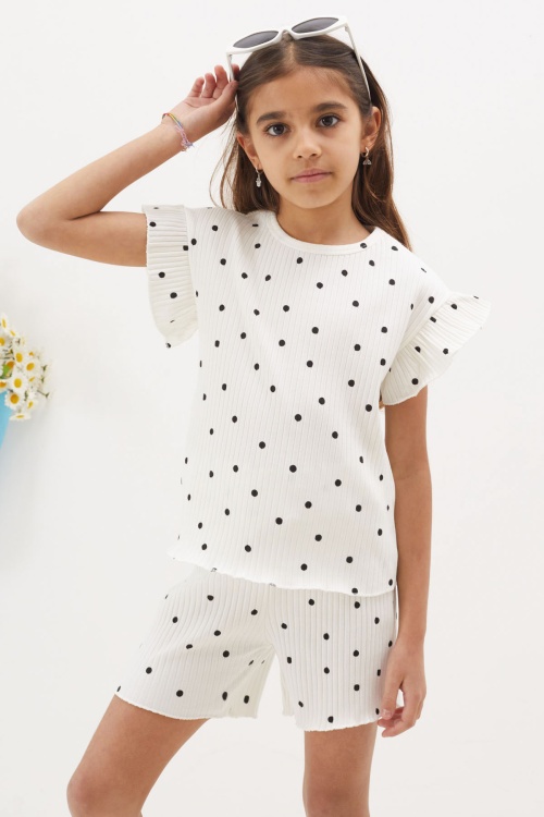 Ekru Puantiyeli Şortlu Bluzlu Kız Çocuk Takım 18674