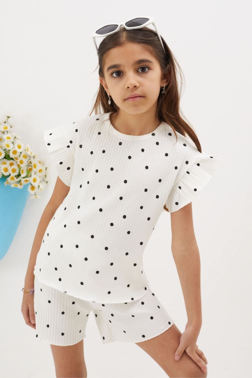 Ekru Puantiyeli Şortlu Bluzlu Kız Çocuk Takım 18674