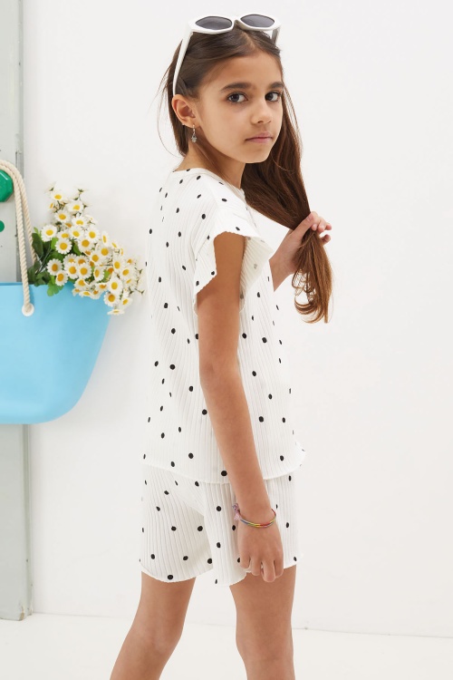 Ekru Puantiyeli Şortlu Bluzlu Kız Çocuk Takım 18674