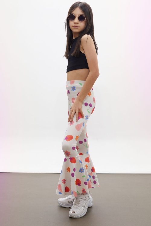 Ekru Renkli Çiçek Baskılı İspanyol Paça Kız Çocuk Tayt 18188