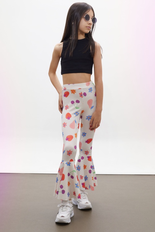 Ekru Renkli Çiçek Baskılı İspanyol Paça Kız Çocuk Tayt 18188