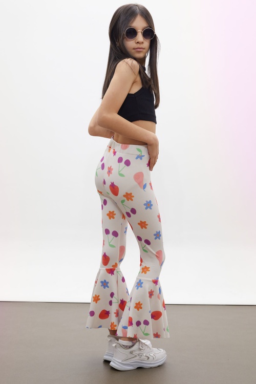 Ekru Renkli Çiçek Baskılı İspanyol Paça Kız Çocuk Tayt 18188