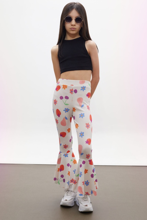 Ekru Renkli Çiçek Baskılı İspanyol Paça Kız Çocuk Tayt 18188