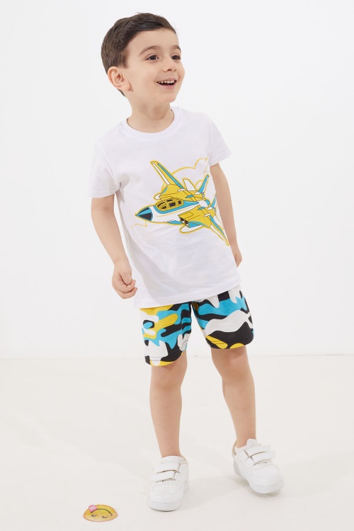 Ekru Uçak Baskılı Erkek Çocuk Şortlu Tişörtlü Takım 18658