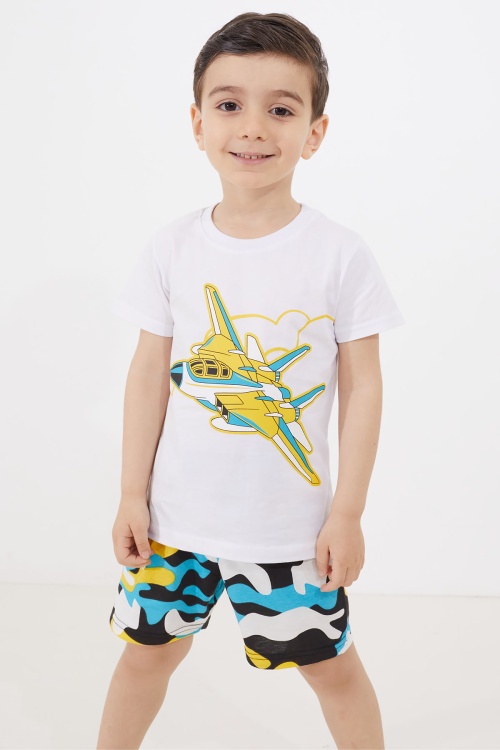 Ekru Uçak Baskılı Erkek Çocuk Şortlu Tişörtlü Takım 18658