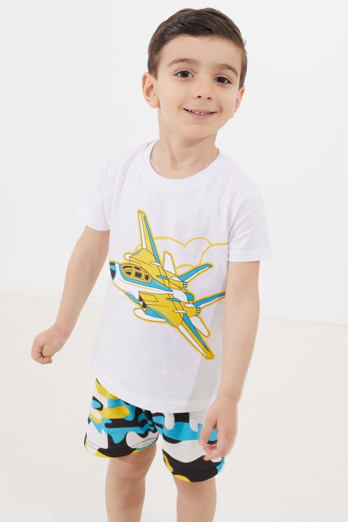 Ekru Uçak Baskılı Erkek Çocuk Şortlu Tişörtlü Takım 18658