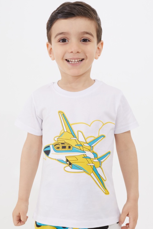 Ekru Uçak Baskılı Erkek Çocuk Şortlu Tişörtlü Takım 18658
