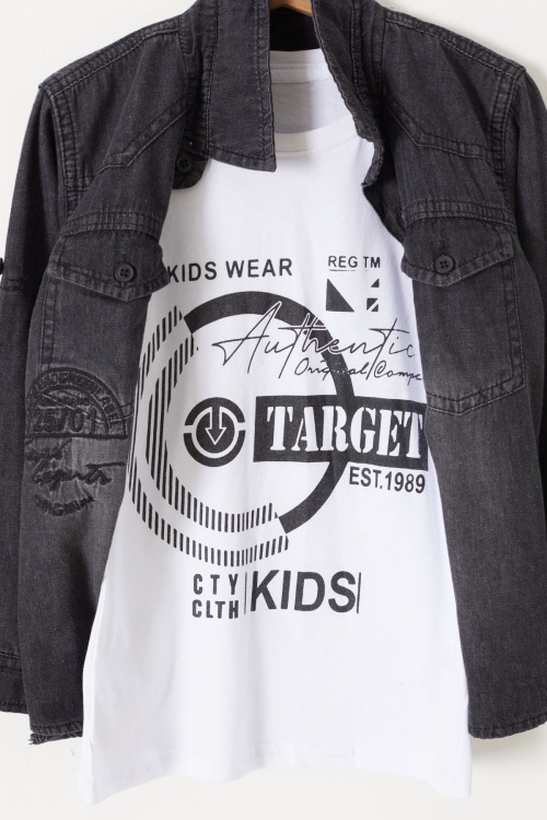 Erkek Çocuk Baskılı Tişörtlü Siyah Jean Gömlek 18242