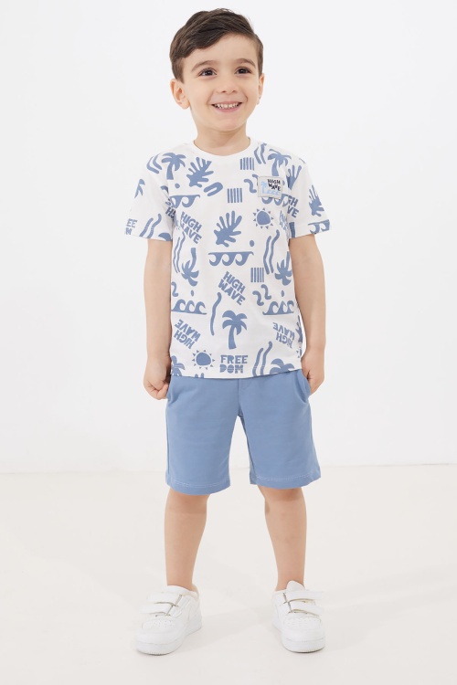 Erkek Çocuk Ekru Yaz Temalı Şortlu Tişörtlü Takım 18725