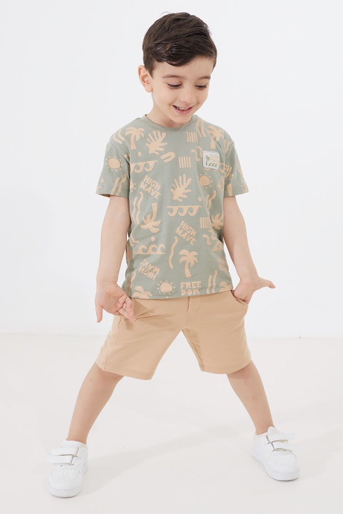 Erkek Çocuk Haki Yaz Temalı Şortlu Tişörtlü Takım 18726