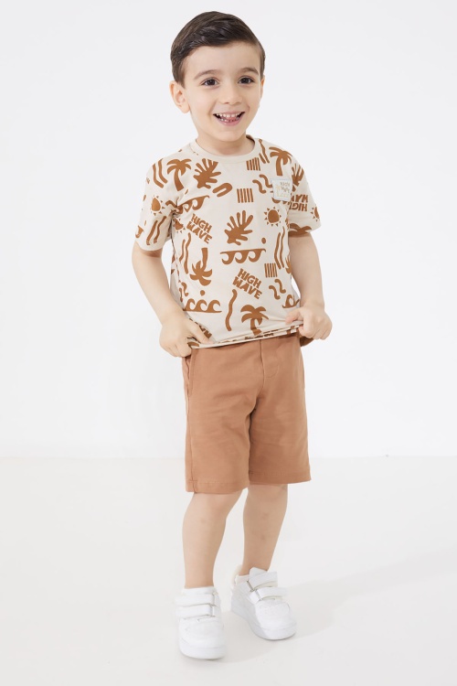 Erkek Çocuk Kahverengi Yaz Temalı Şortlu Tişörtlü Takım 18728
