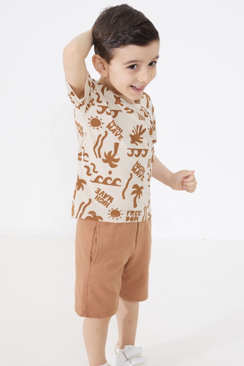 Erkek Çocuk Kahverengi Yaz Temalı Şortlu Tişörtlü Takım 18728