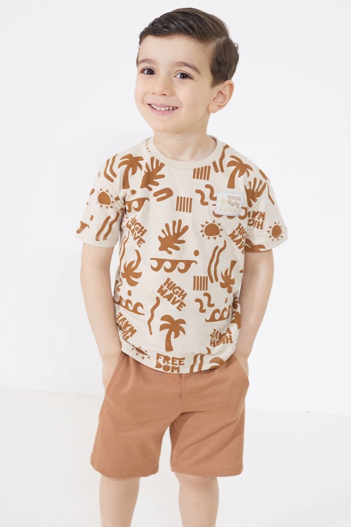 Erkek Çocuk Kahverengi Yaz Temalı Şortlu Tişörtlü Takım 18728