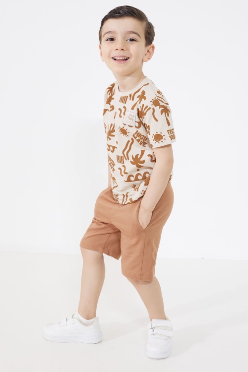 Erkek Çocuk Kahverengi Yaz Temalı Şortlu Tişörtlü Takım 18728