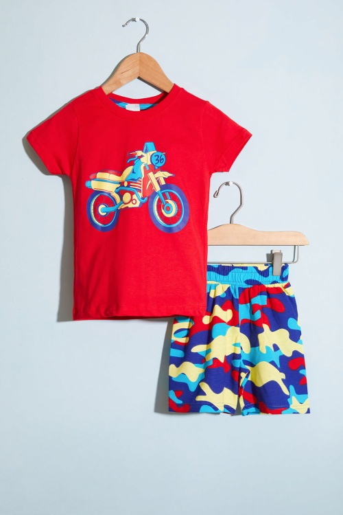 Erkek Çocuk Kırmızı Baskılı Kamuflaj Desenli Şortlu Takım 18667