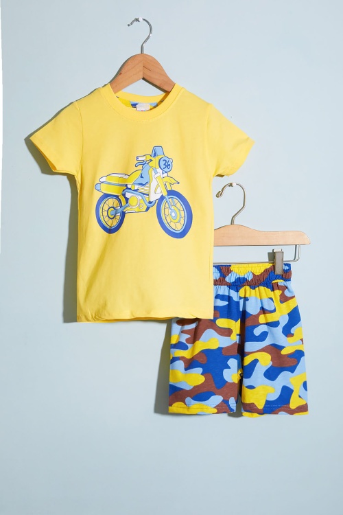 Erkek Çocuk Sarı Baskılı Kamuflaj Desenli Şortlu Takım 18666