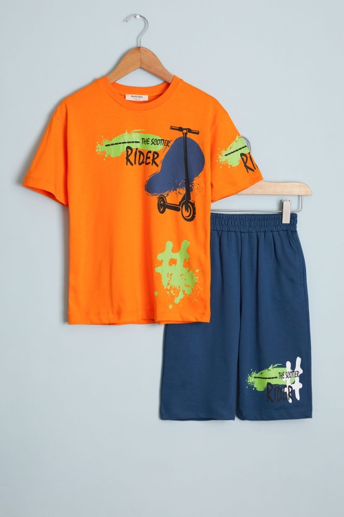 Erkek Çocuk Turuncu Rider Baskılı Tişörtlü Şortlu Takım 18596