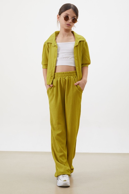 Fıstık Yeşili Croplu Gömlekli Kız Çocuk Pantolonlu Alt Üst Takım 18414