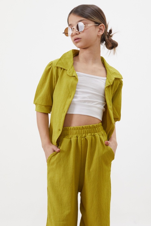 Fıstık Yeşili Croplu Gömlekli Kız Çocuk Pantolonlu Alt Üst Takım 18414