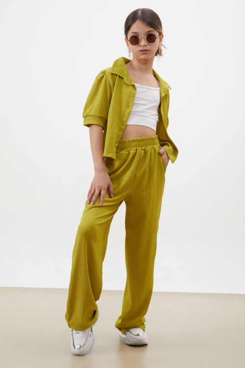 Fıstık Yeşili Croplu Gömlekli Kız Çocuk Pantolonlu Alt Üst Takım 18414