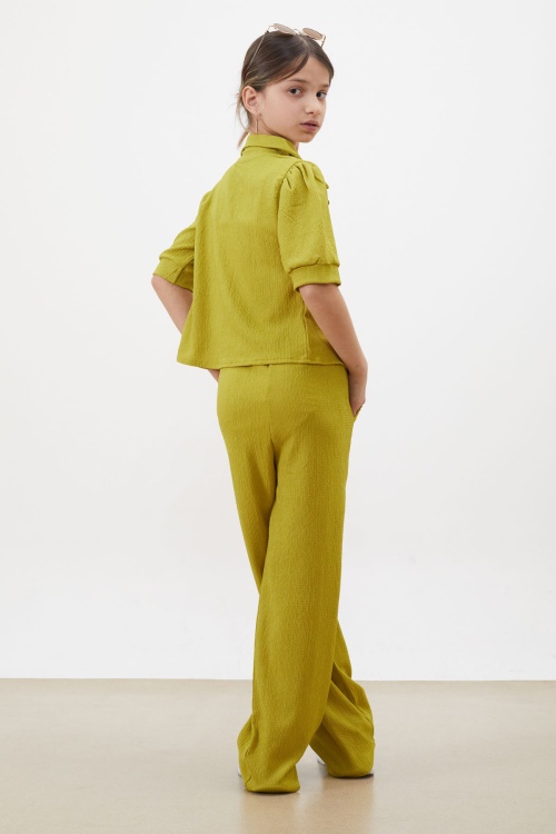 Fıstık Yeşili Croplu Gömlekli Kız Çocuk Pantolonlu Alt Üst Takım 18414