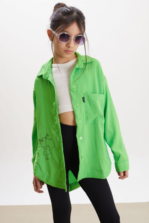 Fıstık Yeşili Kalp Baskılı Yırtmaç Detaylı Kız Çocuk Düğmeli Gömlek 18426